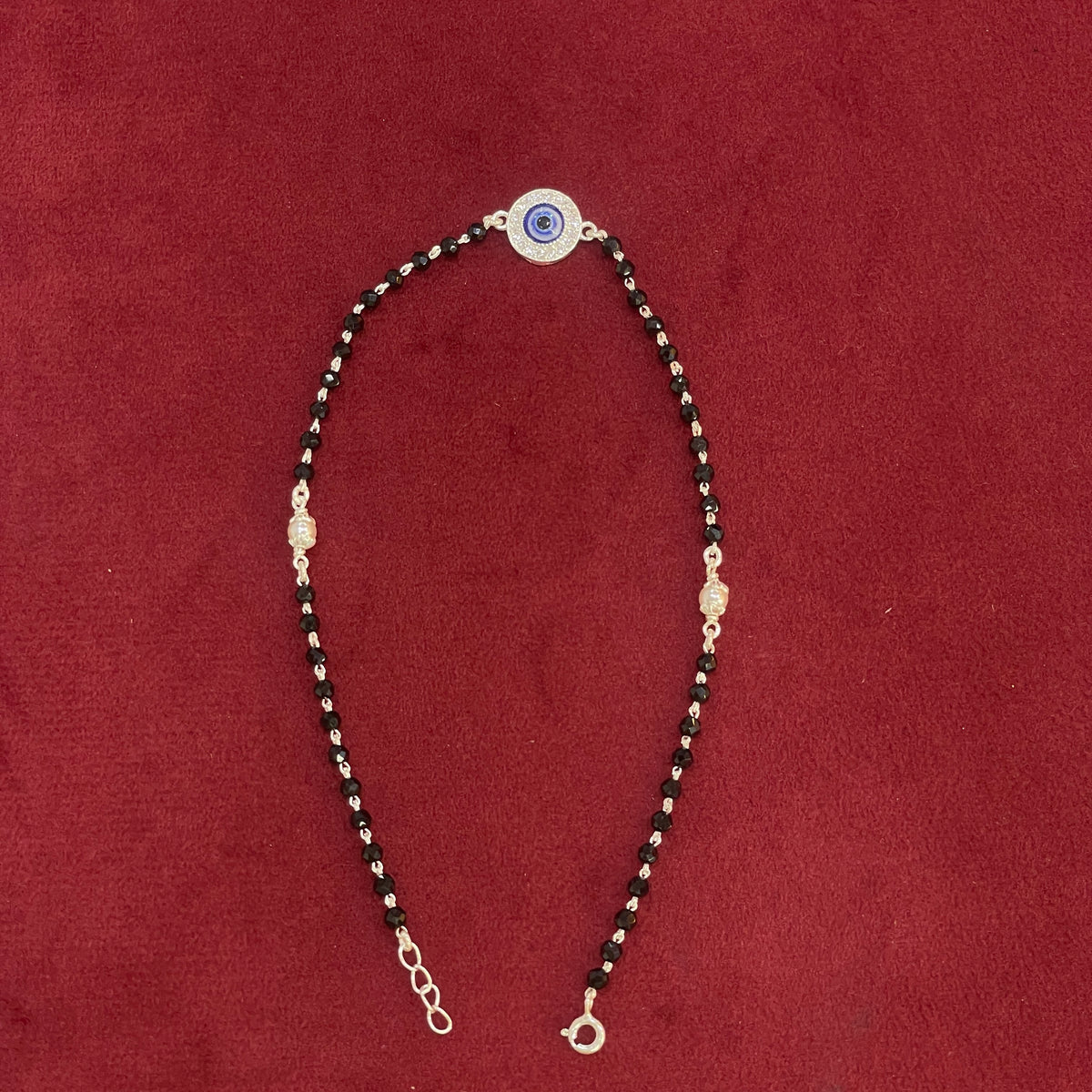 92.5 Silver Black & Silver Bead Evil Eye Anklet with CZ Halo for Women (Single Piece)