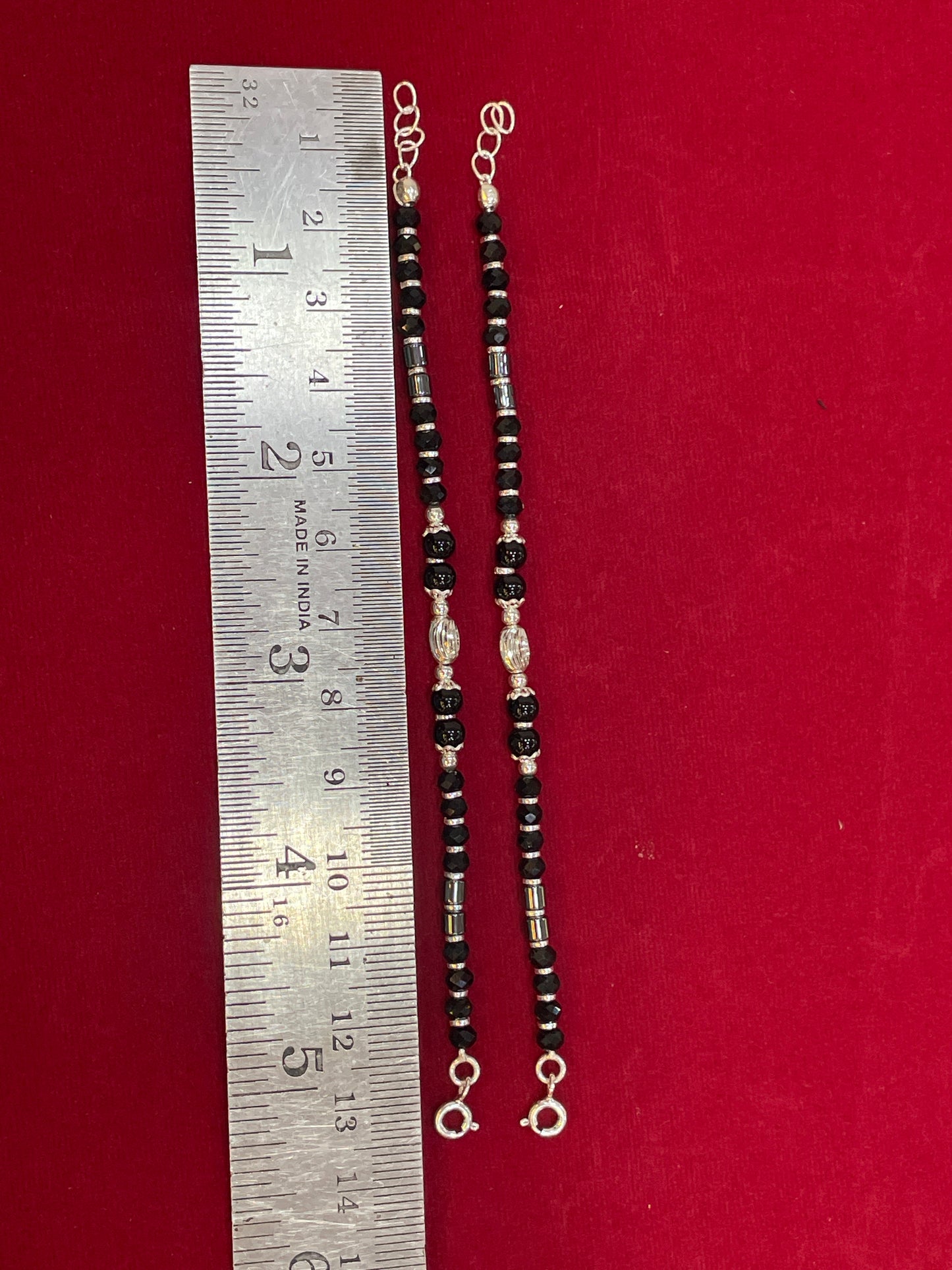 Silver Nazariya Black Bead Anklet for Kids | Set of 2 with CZ Oval Charm
