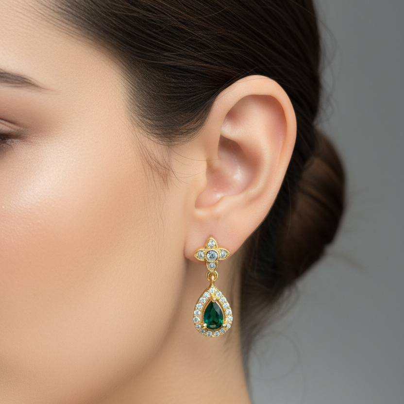 92.5 Silver Gold Plated Green Stone Earrings for Women | Stylish Elegant Design | Premium Jewellery pair