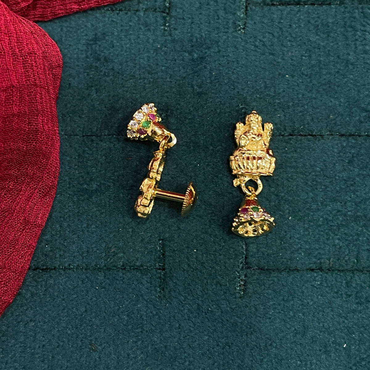 92.5 Sterling Silver Gold Plated Lakshmi Lotus Temple Jhumka Earrings for Women