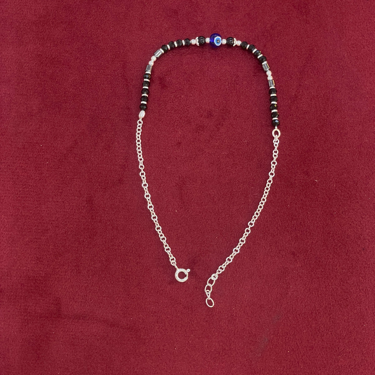92.5 Silver Black & Silver Tube Bead Evil Eye Anklet for Women (Single Piece)