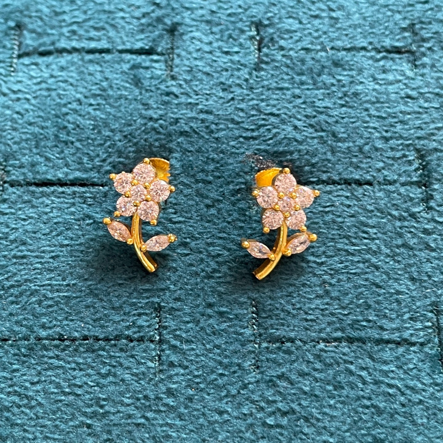 Gold Plated Floral Stem CZ Stud Earrings for Women | Flower & Leaf Design