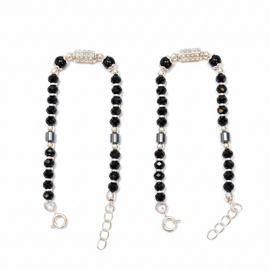 Silver Nazariya Black Bead Anklet for Kids | Set of 2 with CZ Studded Charm