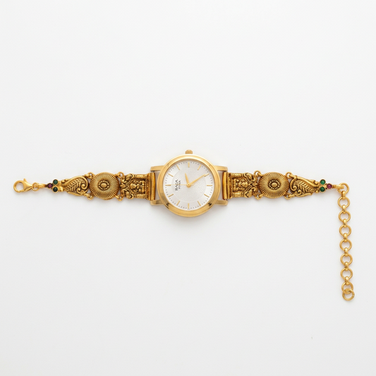 92.5 Silver Gold Plated Temple Nakshi Floral Watch for Women