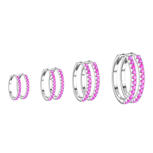 92.5 Silver Hoops with Pink Stones-Pair