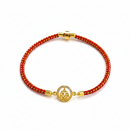 Silver Ganesha Rakhi for Brother | Gold Plated CZ Circular Charm with Red Thread