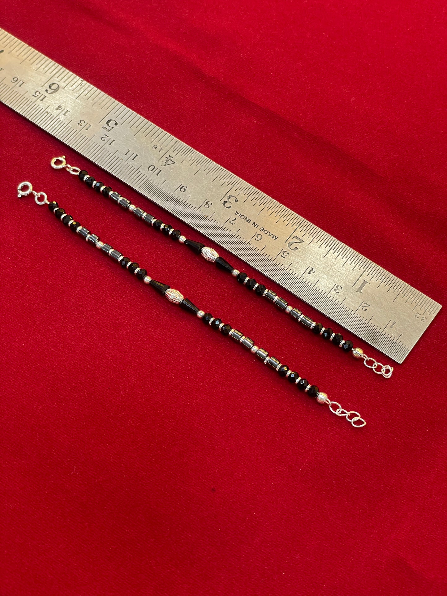 Silver Nazariya Black Bead Anklet Set for Kids | Engraved Barrel Charm