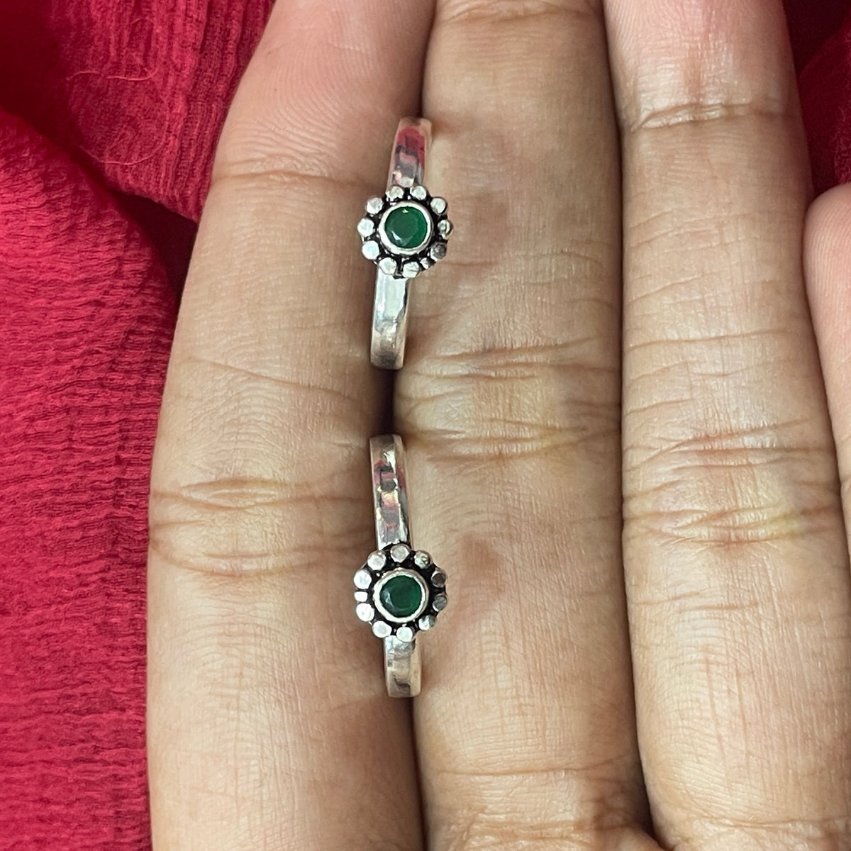 92.5 Silver Green Stone Toe Rings for Women | Adjustable Traditional Daily Wear Jewellery