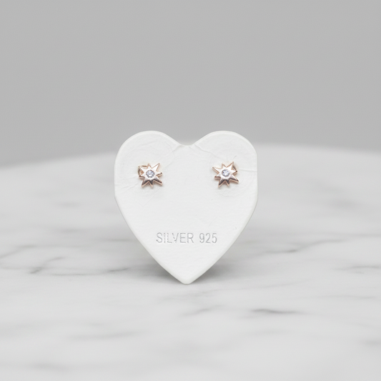 Rose Gold Plated 92.5 Sterling Silver Eight-Point North Star CZ Stud Earrings for Women | Petite Open Star CZ Centre | Second Piercing Earring Pair