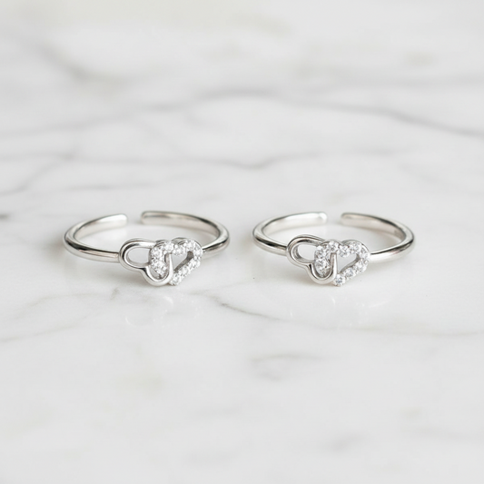 92.5 Sterling Silver CZ Heart & Loop Knot Toe Rings for Women