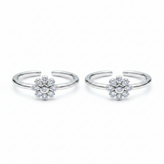92.5 Sterling Silver CZ Sunflower Petal Toe Rings for Women