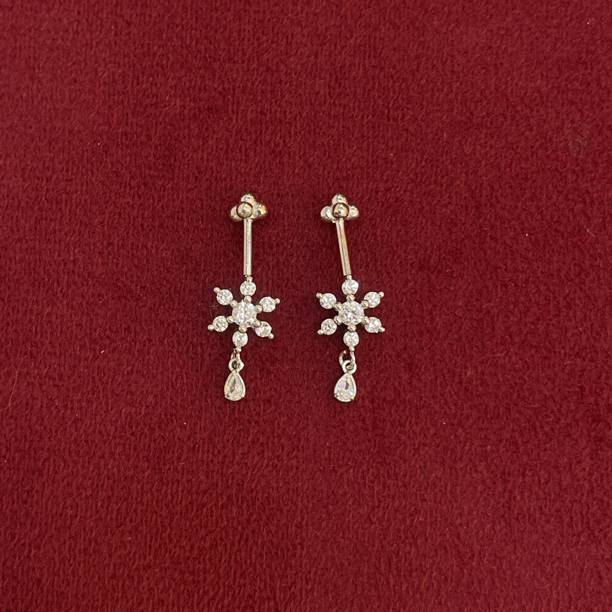 92.5 Silver White CZ Floral Drop Bugadi Pair