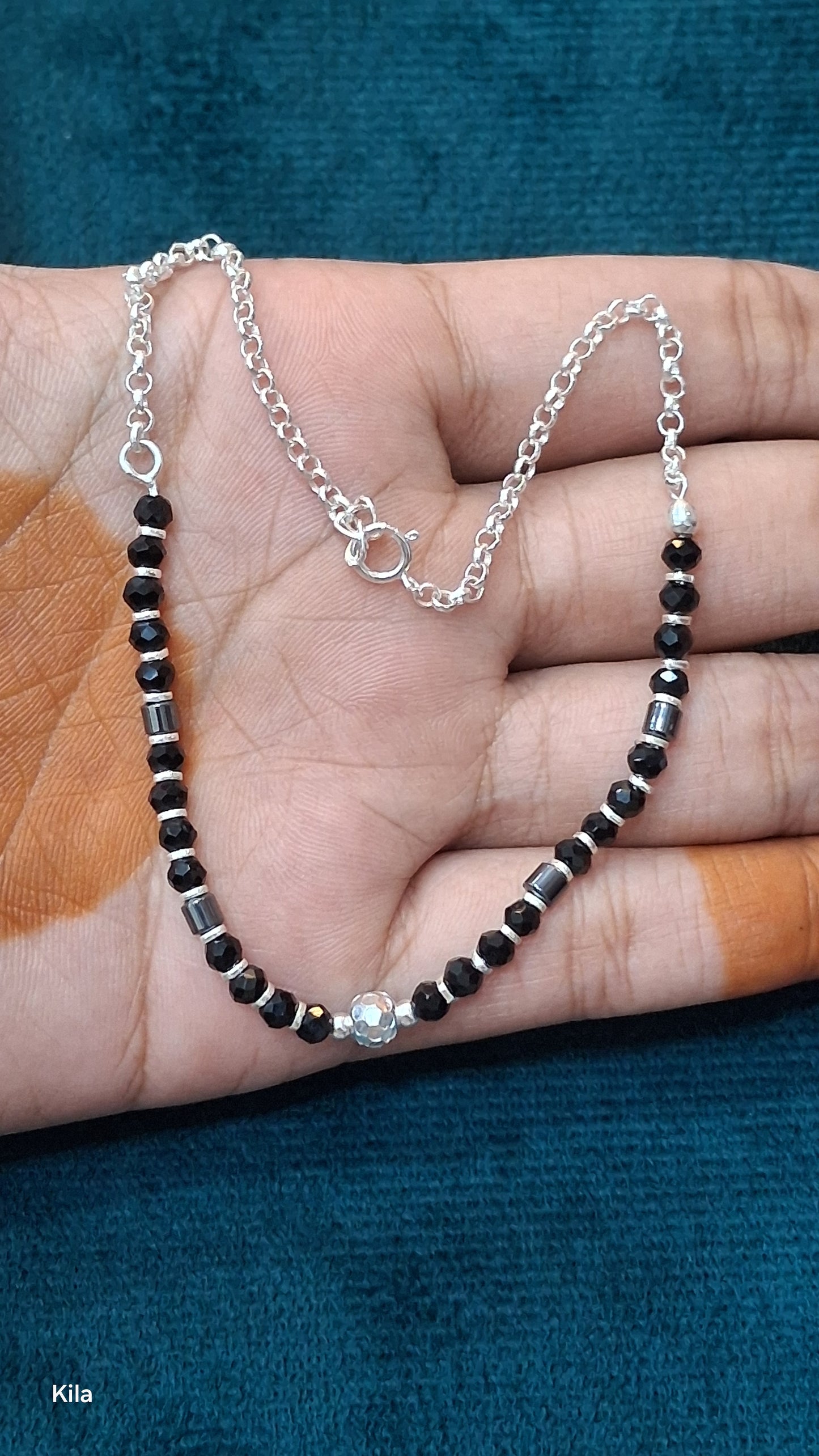 92.5 Silver Black Beads Anklet (Single Piece) | Stylish Traditional Design | Elegant Jewellery
