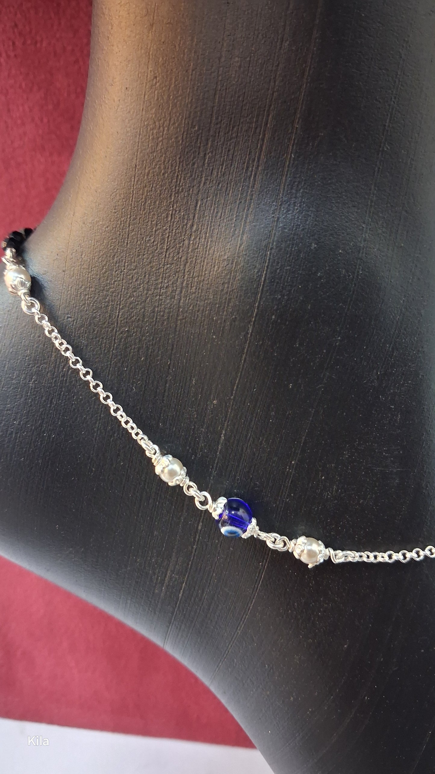 92.5 Silver Evil Eye Black Beads Anklet (Single Piece) | Stylish Protective Design | Elegant Jewellery