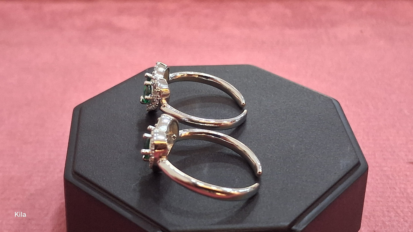 92.5 Silver Heart Shape Green Stone Toe Rings | Premium Dual Stone Design | Jewellery