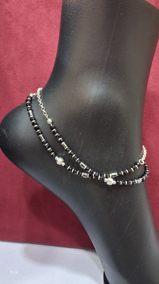 92.5 Silver Black Beads Anklet (Single Piece) | Stylish Traditional Design | Elegant Jewellery