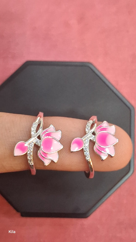 92.5 Silver Pink Lotus Toe Rings | Elegant Floral Design | Jewellery