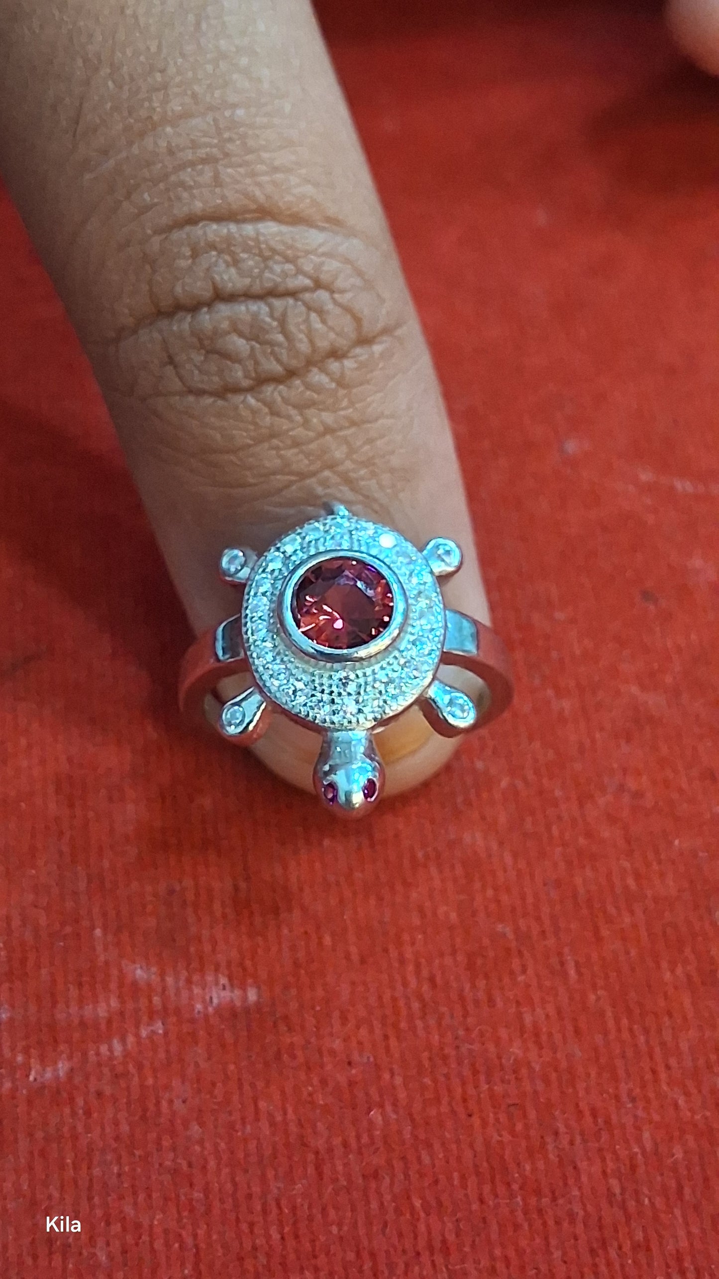 92.5 Silver Red Stone Tortoise Ring | Stylish Vibrant Design | Elegant Jewellery