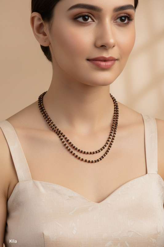 92.5 Silver Gold Plated Double Black Beads Chain 19 Inches | Elegant Layered Design | Jewellery