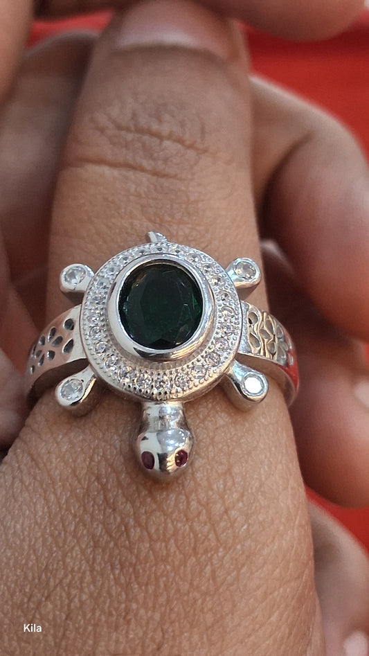 92.5 Silver Green Stone Tortoise Ring | Stylish Vibrant Design | Elegant Jewellery