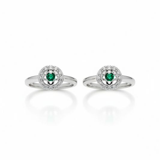 92.5 Silver Green Stone Halo Adjustable Toe Rings for Women | Circular Halo Design