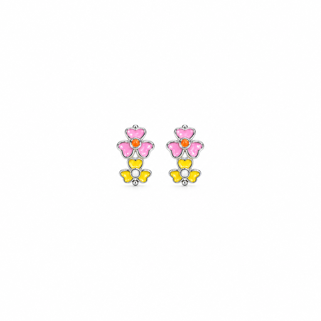 92.5 Silver Enamel Floral Huggie Hoop Earrings for Girls