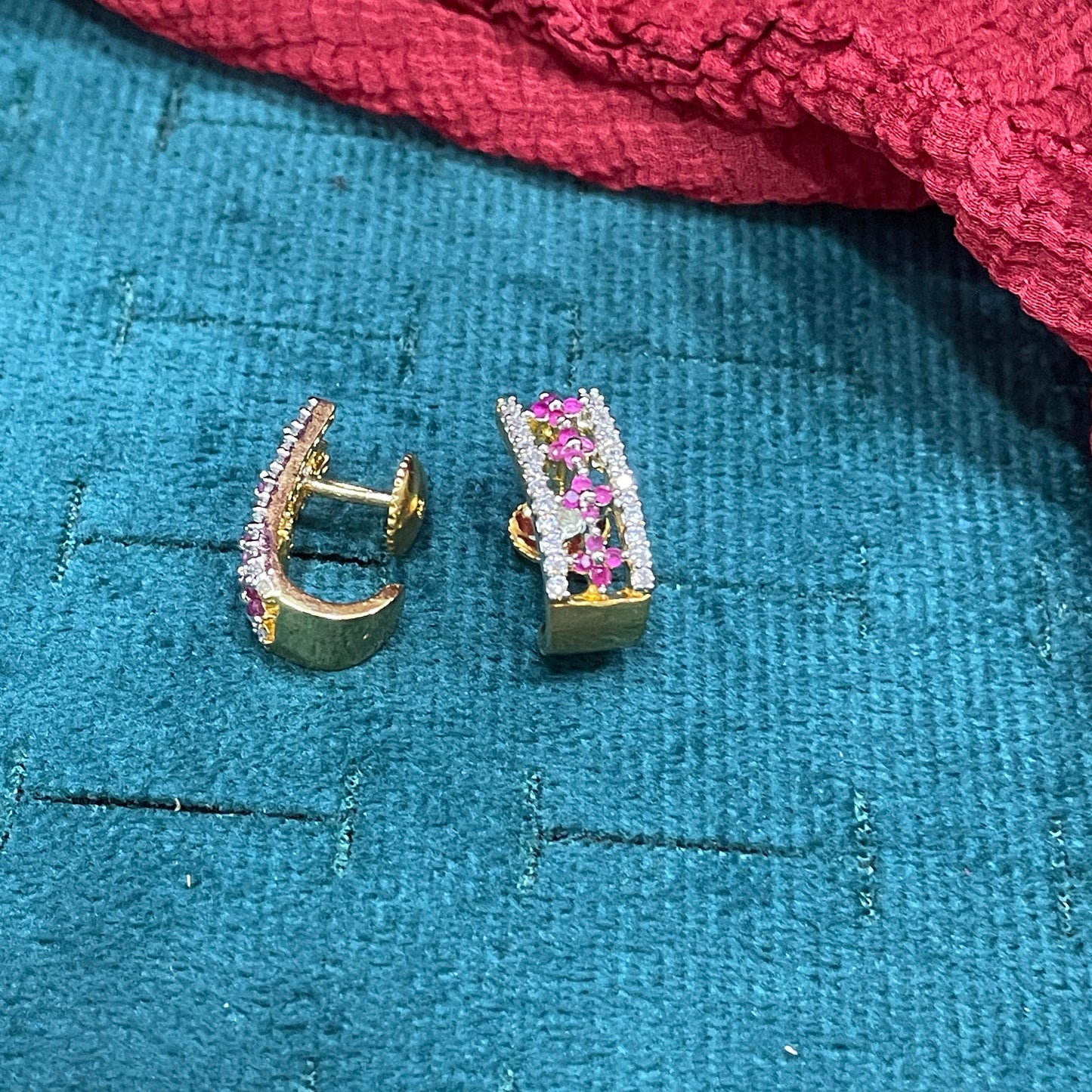 92.5 Silver Gold Plated Ruby Pink CZ & White CZ Floral J Studs