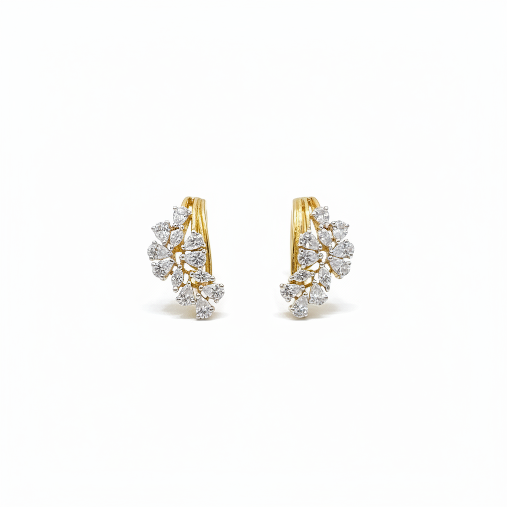 92.5 Silver Gold Plated Pear & Round CZ Floral Cluster Huggie Hoop