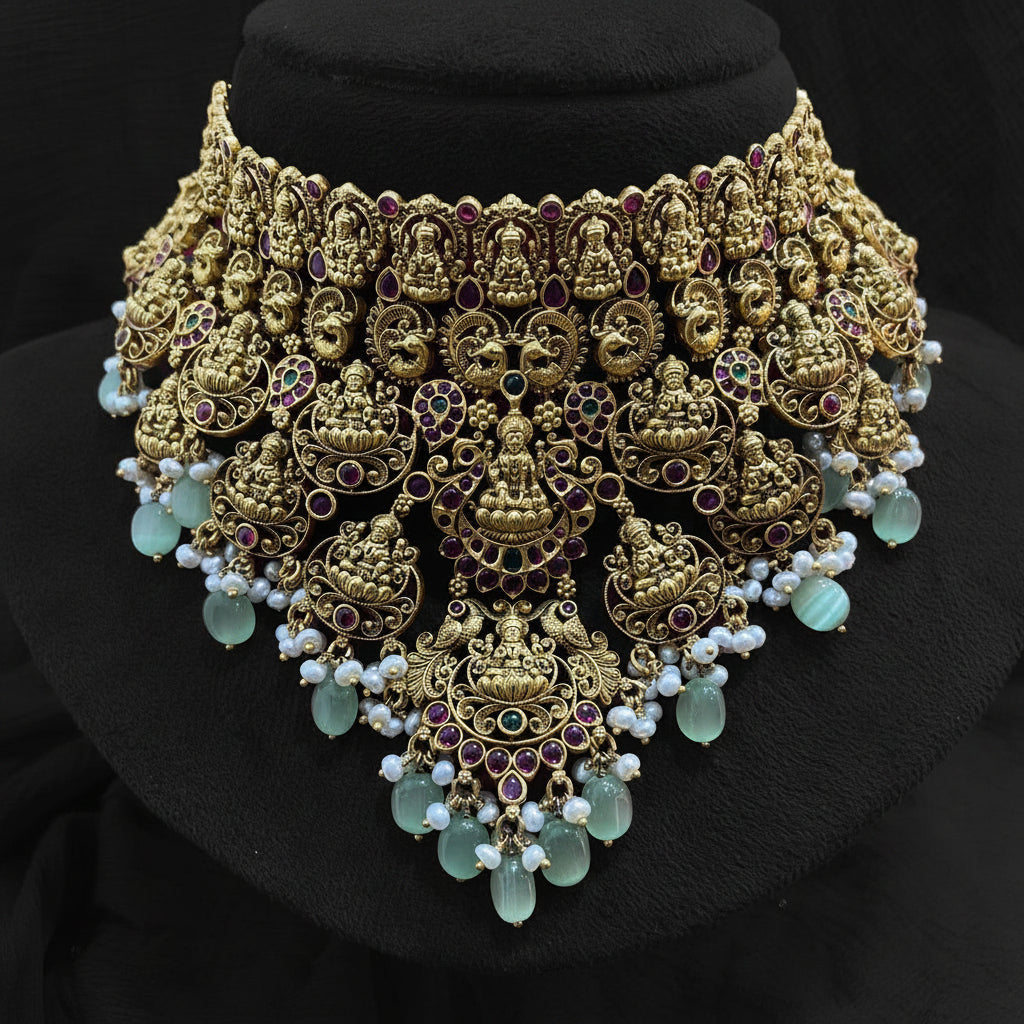 Decorative gold and pearl headpiece on a pink fabric background