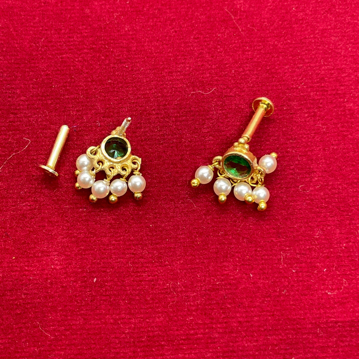 Gold Plated 92.5 Sterling Silver Emerald Green CZ & Pearl Cluster Stud Earrings for Women | Temple-Inspired Emerald Pearl Fan Drop Studs pair
