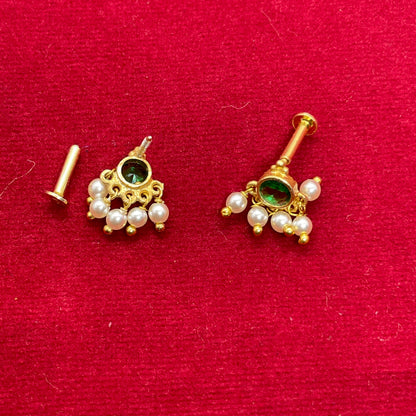 Gold Plated 92.5 Sterling Silver Emerald Green CZ & Pearl Cluster Stud Earrings for Women | Temple-Inspired Emerald Pearl Fan Drop Studs pair