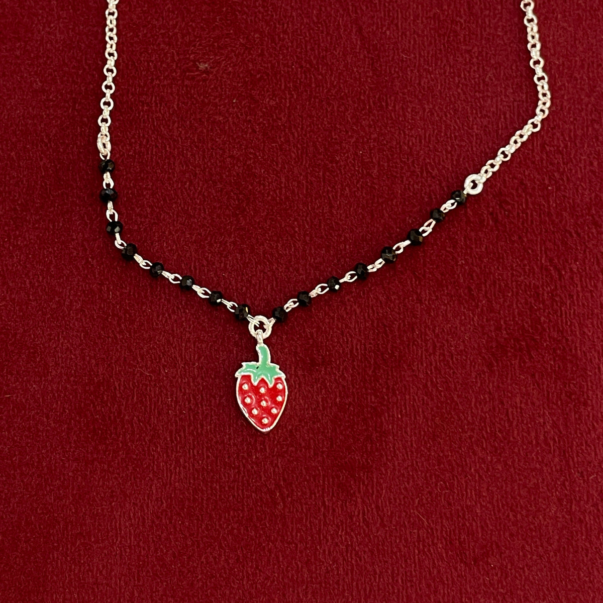 92.5 Silver Black Bead Strawberry Charm Anklet - Single Pc