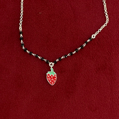 92.5 Silver Black Bead Strawberry Charm Anklet - Single Pc