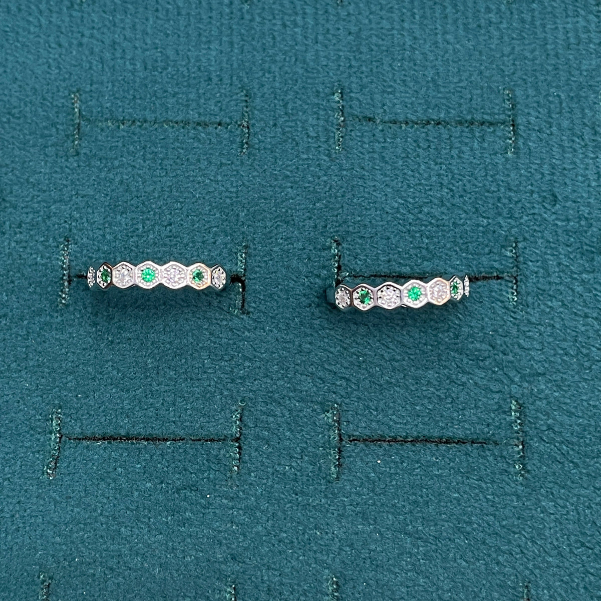 92.5 Sterling Silver Emerald Green & White CZ Hexagon Eternity Band Open Toe Rings for Women — Pair