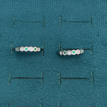 92.5 Sterling Silver Emerald Green & White CZ Hexagon Eternity Band Open Toe Rings for Women — Pair