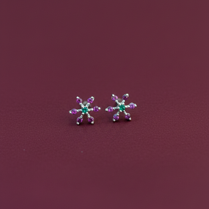 92.5 Silver Pink & Green Stone Second Studs / Nose Pin (Single Piece) | Elegant Dual Tone Design | Jewellery