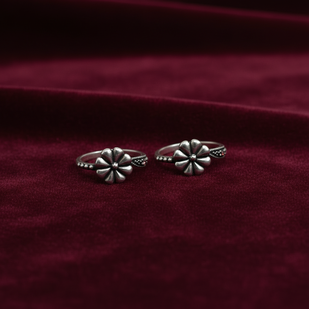 925 Sterling Silver Pyrite Flower Toe Rings for Women | Oxidised Floral Design
