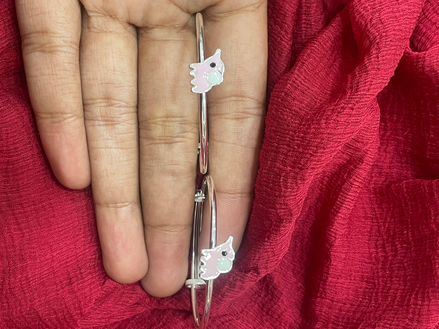 92.5 Silver Pink Elephant Kada for Kids | Cute Adjustable Baby Bracelet | Daily Wear Jewellery