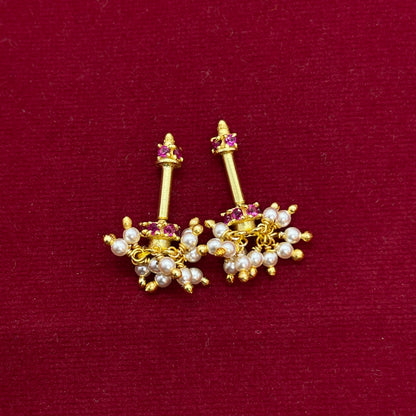 92.5 Sterling Silver Gold Plated Pearl Cluster Mini Ruby Jhumki Bugadi for Women | Ruby CZ Crown with Pearl Dangles | Helix Earring pair