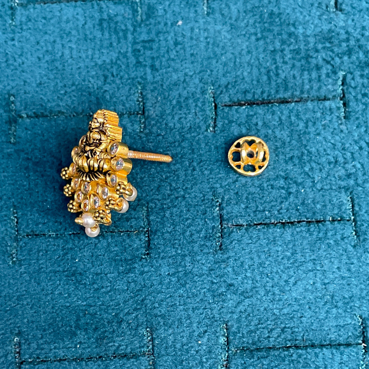 92.5 Sterling Silver Gold Plated Antique Goddess Lakshmi & White CZ Lotus Fan Pearl Drop Stud Earrings for Women