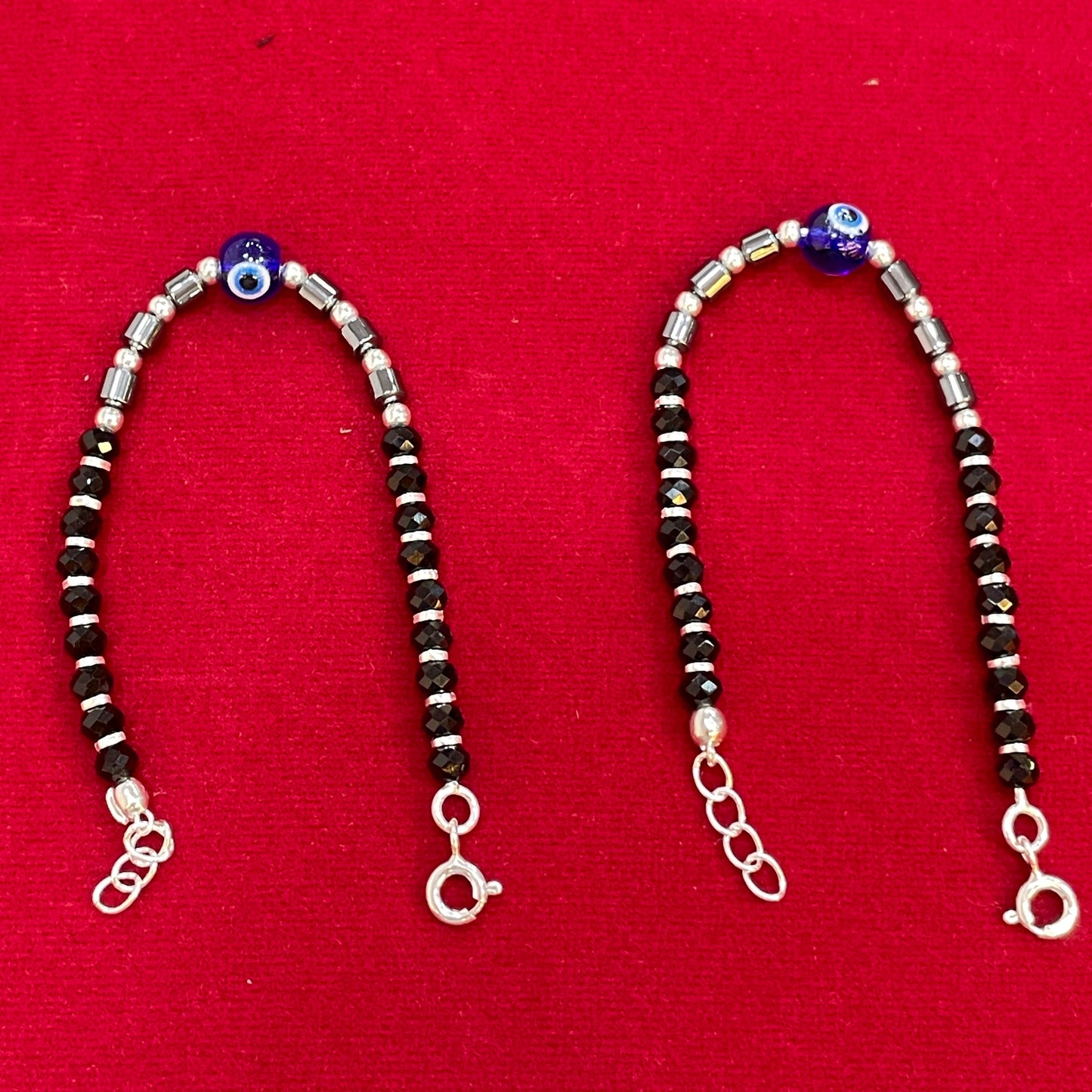 Silver Nazariya Black Bead Anklet for Kids | Set of 2 with Blue Evil Eye Charm