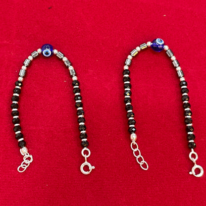 Silver Nazariya Black Bead Anklet for Kids | Set of 2 with Blue Evil Eye Charm