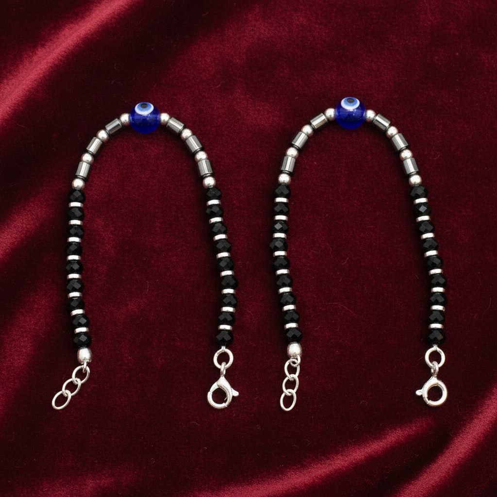 Silver Nazariya Black Bead Anklet for Kids | Set of 2 with Blue Evil Eye Charm