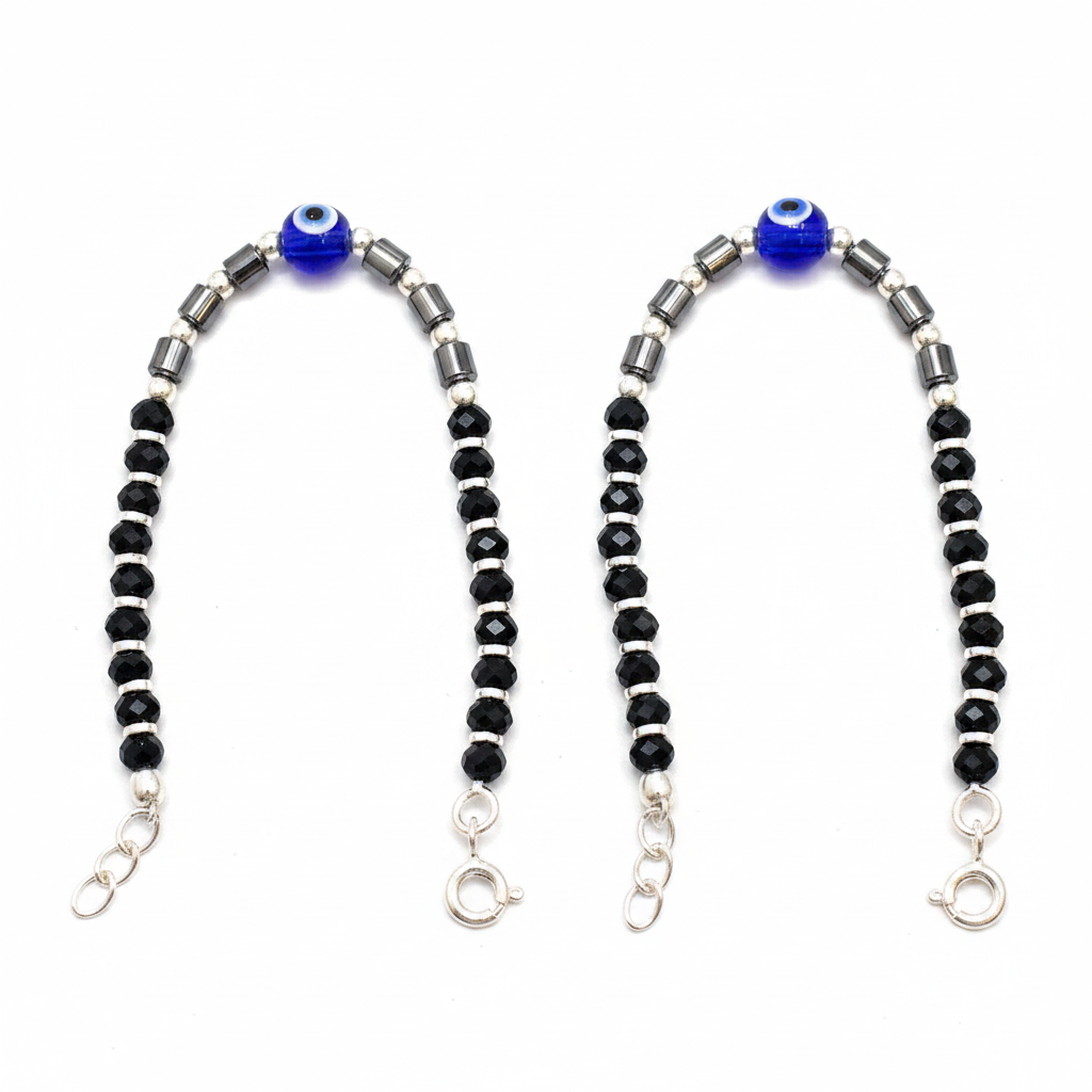 Silver Nazariya Black Bead Anklet for Kids | Set of 2 with Blue Evil Eye Charm