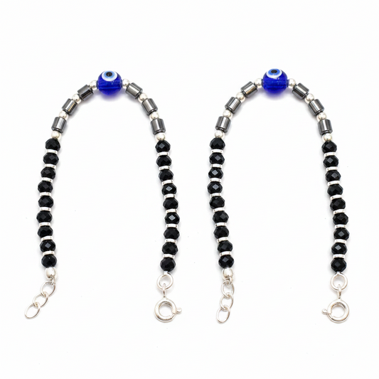 Silver Nazariya Black Bead Anklet for Kids | Set of 2 with Blue Evil Eye Charm
