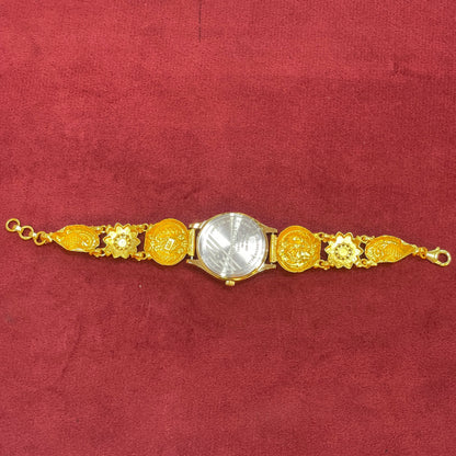 925 Silver Gold-Plated Nakshi Bracelet Watch for Women | Teal Dial | Peacock Strap with Ruby & Emerald CZ Flowers