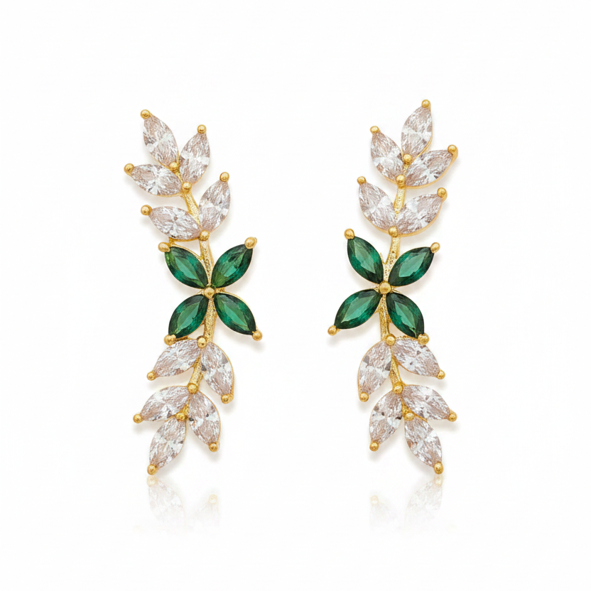 92.5 silver gold plated leaf green stone earcuffs