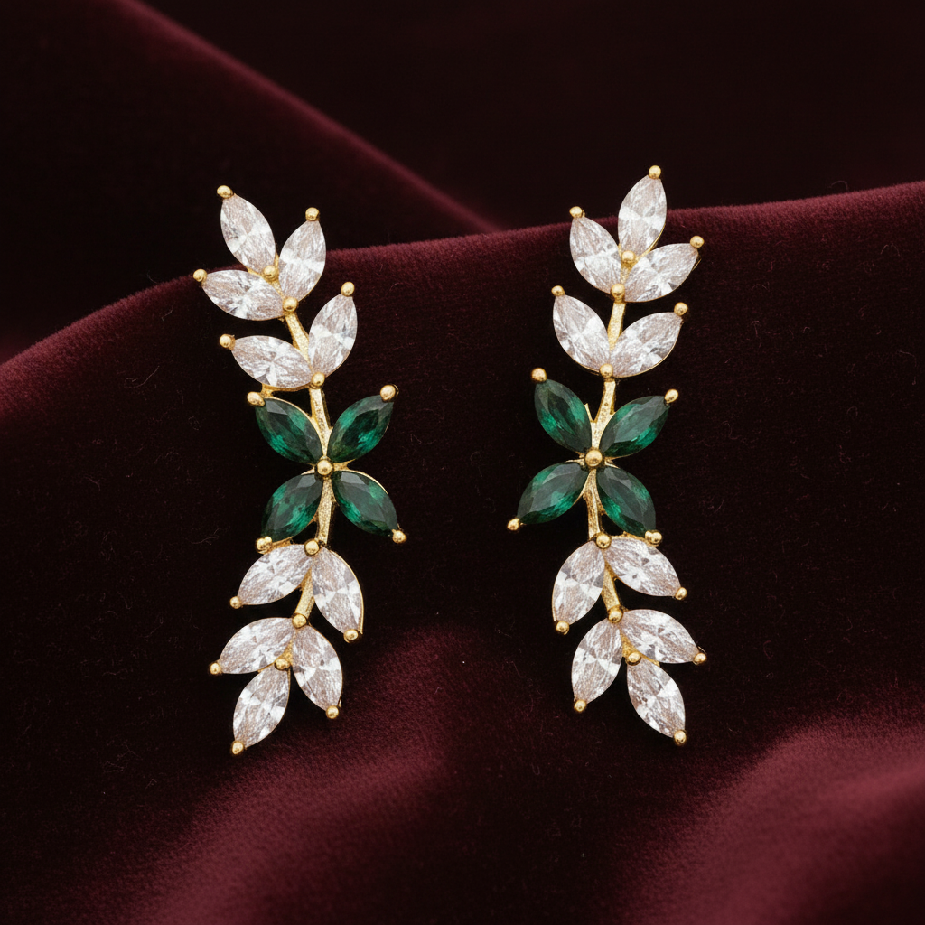 92.5 silver gold plated leaf green stone earcuffs