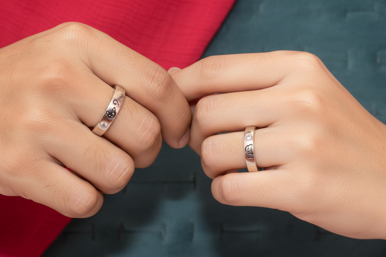 92.5 Silver Cat Couple Rings for Men Size 21 & Women Size 11 | Stylish Cute Matching Design | Elegant Love Jewellery