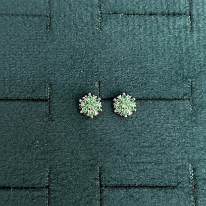 92.5 Silver Green Stone Flower Studs Pair
